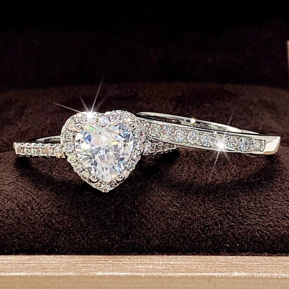 NEW 925 Sterling Silver Diamond Heart Ring Band Set of 2 DIamond Rings - Picture 4 of 6